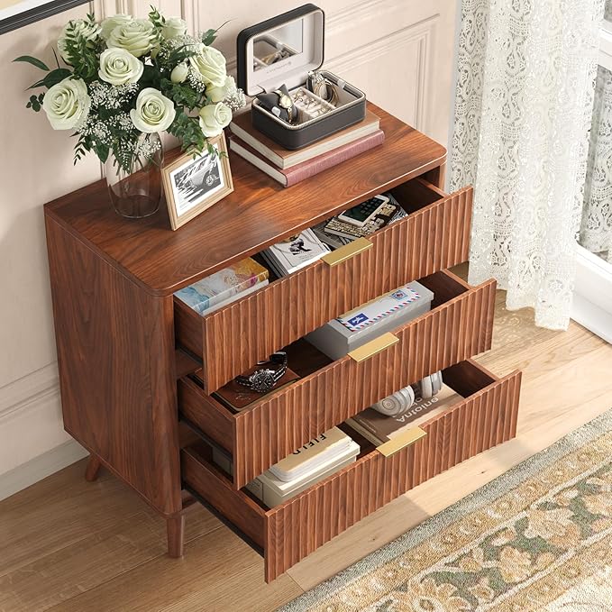 Evermagin 31.5W×29“H Large Fluted Nightstands Set of 2, Mid Century Modern 3 Drawer Night Stand Bedside Table, Small Wood Dresser for Bedroom, End Table with Storage, Walnut