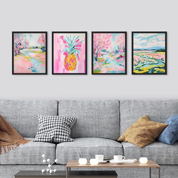 SIGNWIN Framed Vibrant Landscape and Pineapple Colorful Preppy Room Decor Pink Decor Digital Art Modern Art Decorative Multicolor Scenic for Bedroom - 12"x16"x4 Black