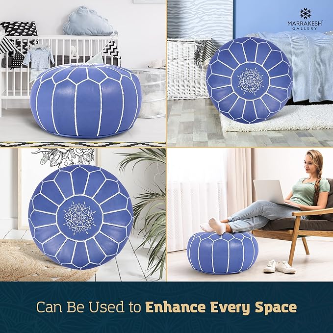 Genuine Leather Round Pouf Cover - Handmade Moroccan Ottoman Footstool, Unstuffed Footrest Under Desk - Boho Decor - Bohemian Living Room, Bedroom, Kids Room - Housewarming Gift & Wedding