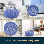 Genuine Leather Round Pouf Cover - Handmade Moroccan Ottoman Footstool, Unstuffed Footrest Under Desk - Boho Decor - Bohemian Living Room, Bedroom, Kids Room - Housewarming Gift & Wedding