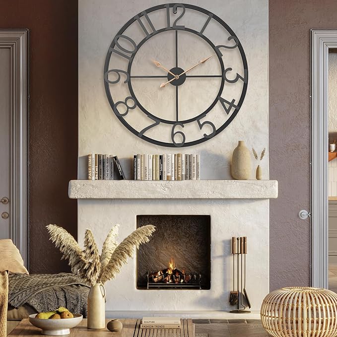 36 Inch Extra Oversized Large Giant Modern Decorative Wall Clock,Vintage Industrial Farmhouse Black Metal Big Arabic Numerals Large Clocks for Living Room Decor,Entrance Fireplace,Dinng Room