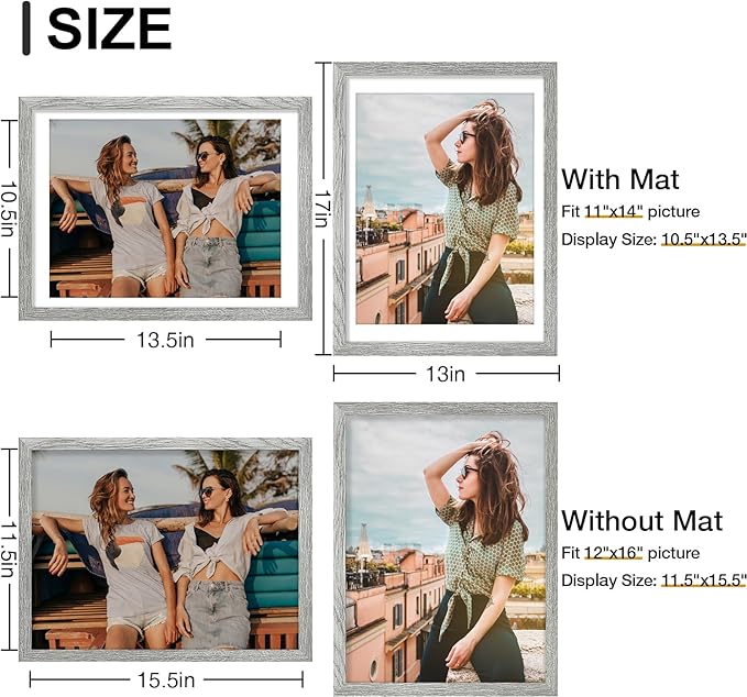 Vittanly 12x16 Picture Frames Set of 9, Shatter Resistant Plexiglass, Display 11x14 Pictures with Mat or 12x16 without Mat, Photo Frames for Wall Mount, Engineered Wood, Grey