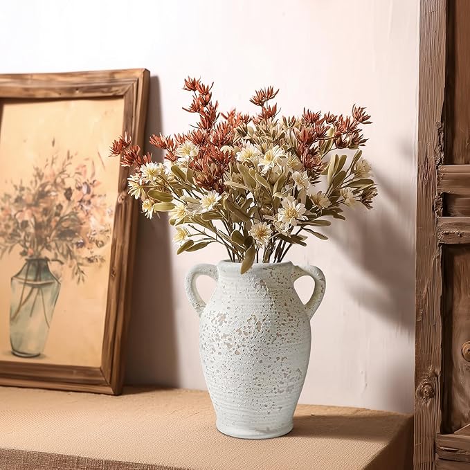 Sunddo Rustic Ceramic Flower Vase with 2 Handles, Textured Farmhouse Vase, White Modern Decorative Vases, Living Room, Shelf, Mantle, Entryway, Fireplace Decor
