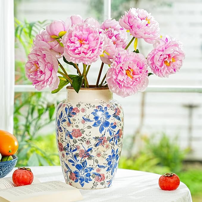 Sungmor Ceramic Flower Vase, Vintage Ice Cracked Glaze Porcelain Vase, Pretty Home Decor Vase for Flower Arrangement, Fresh Flowers, 10.2 Inch Tall Chinoiserie Pottery Vase, Blue Floral Pattern
