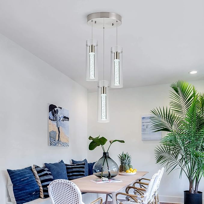 Kitchen Lighting Pendant Fixtures 3-Light LED Pendant Ceiling Fixture Brushed Nickel Bubble Cylinder Pendant Light with Adjustable Length for Kitchen Island Dinning Room Bedroom