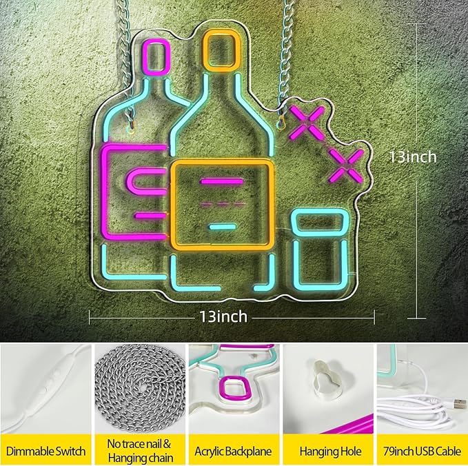 Beer Neon Sign for Wall, Dimmable LED Bar Sign with USB, Acrylic Light for Man Cave, Pub, Restaurant, Store, or Home Decor