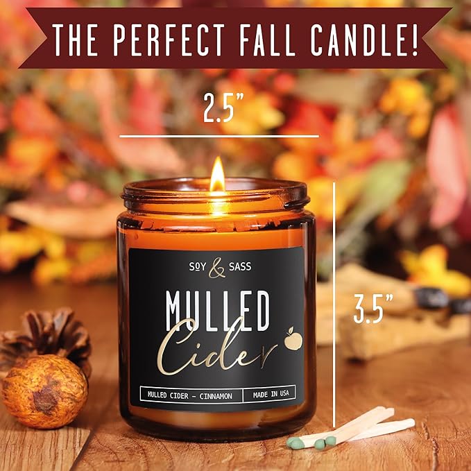 Mulled Cider Candle, Fall Candles I Apple Cider Candle w/Cinnamon & Nutmeg - Infused w/Essential Oils I Mulled Cider Fall Scented Candles (Soy) for Home I 9oz Reusable Jar I 50Hr Burn I Made in USA