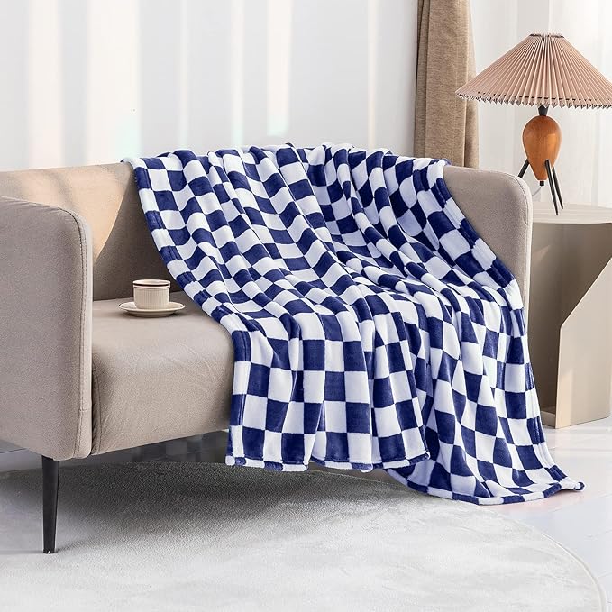 LOMAO Throw Blankets Flannel Blanket with Checkerboard Grid Pattern Soft Throw Blanket for Couch, Bed, Sofa Luxurious Warm and Cozy for All Seasons (Dark Blue, 50"x60")