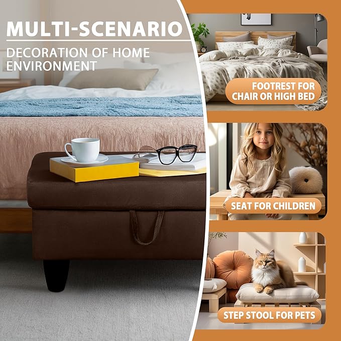Ottoman Rectangular Storage Ottoman Bench, Flannel Footrest Stool Footstool with Lid for Living Room, Bedroom, Entryway, Chocolate, 28.5"x19"x17.5"