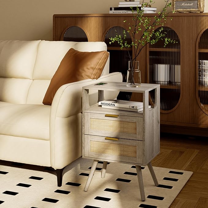 Rattan Nightstand,Farmhouse Bedside Table with 2 Storage Drawer and Open Wood Shelf, for Bedroom and Small Spaces,Night Stand with Solid Wood Legs (Grey Oak)