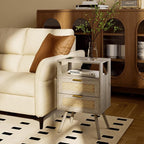 Rattan Nightstand,Farmhouse Bedside Table with 2 Storage Drawer and Open Wood Shelf, for Bedroom and Small Spaces,Night Stand with Solid Wood Legs (Grey Oak)