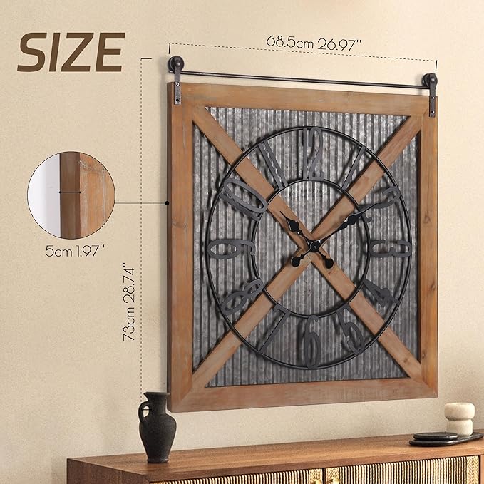 Oakrain Rustic Large Wall Clock, Classic Vintage Hanging Clock, Silent Non-Ticking Square Wall Clock for Living Room Bedroom Office, Numeral, Brown, 27''x29''