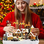 Musical Christmas Village Houses Santa Claus Sledding Reindeer Christmas Collectible Buildings LED Lights Musical Indoor Display Figurines Xmas Decoration