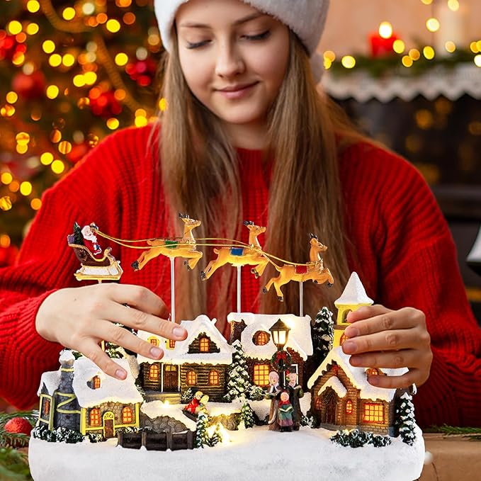 Musical Christmas Village Houses Santa Claus Sledding Reindeer Christmas Collectible Buildings LED Lights Musical Indoor Display Figurines Xmas Decoration