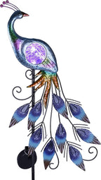 TERESA'S Collections Yard Decorations Outdoor for Garden Decor, Peacock Solar Outdoor Lights, 35.4'' Metal Lawn Ornaments for Outside with Crackle Glass Ball, Decorative Stake Gifts for Mom