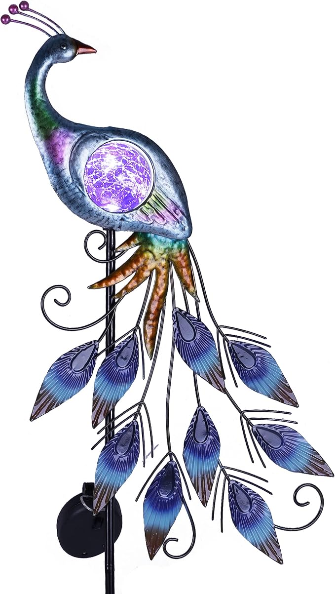 TERESA'S Collections Yard Decorations Outdoor for Garden Decor, Peacock Solar Outdoor Lights, 35.4'' Metal Lawn Ornaments for Outside with Crackle Glass Ball, Decorative Stake Gifts for Mom