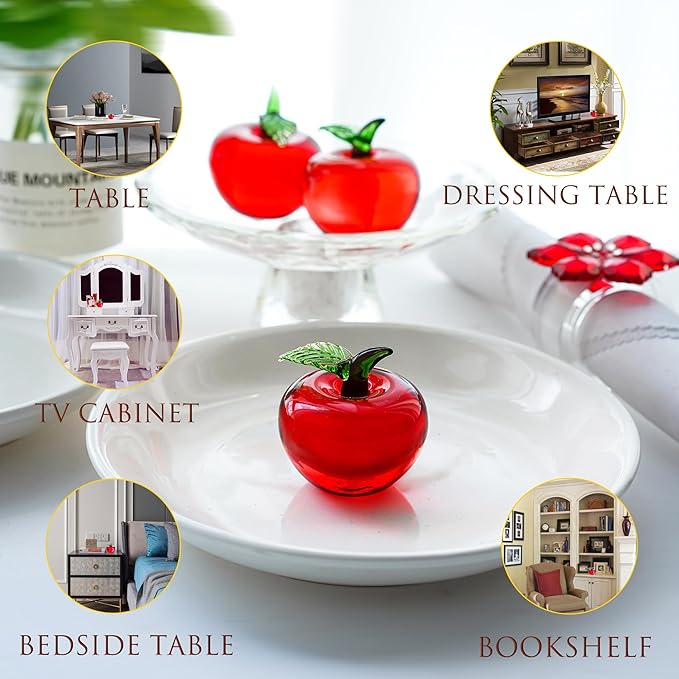 Hand Blown Glass Red Apple Figurine Crystal Fruits Collectibles Apples Art Ornament Decoration for Home Office Kitchen Gift for Women