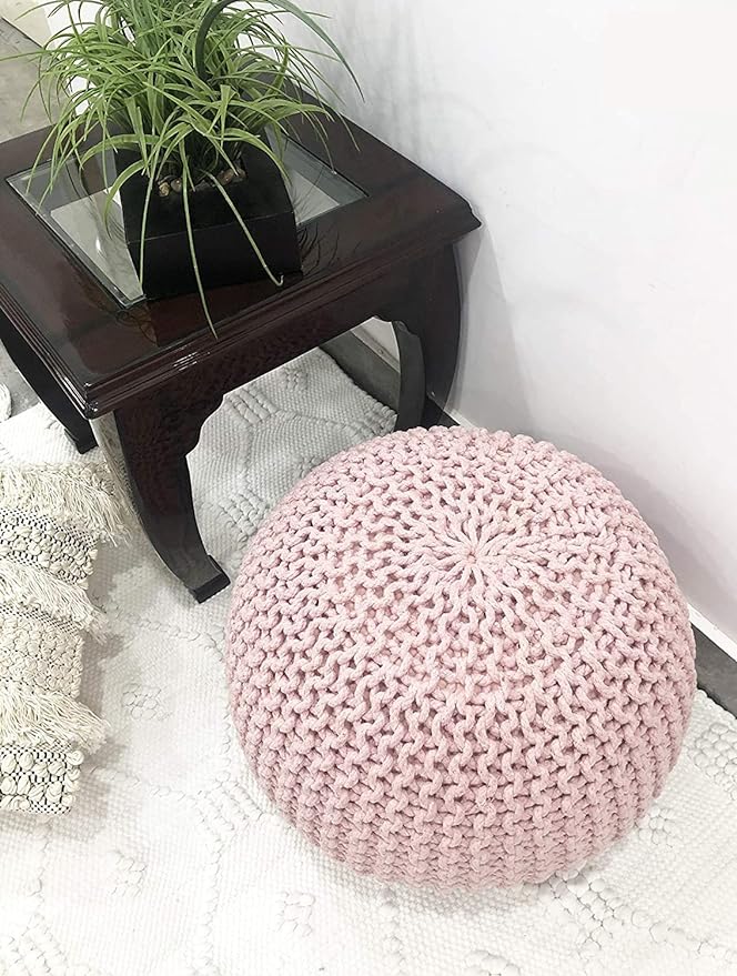 FRELISH DECOR Round Pouf Ottoman Hand Knitted 100% Cotton Pouf Foot Stool - Knitted Bean Bag - Floor Chair for Living Room Bedroom - Foot Rest for Couch (20 Diameter x 14 Height) - Cloud Pink
