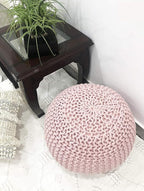 FRELISH DECOR Round Pouf Ottoman Hand Knitted 100% Cotton Pouf Foot Stool - Knitted Bean Bag - Floor Chair for Living Room Bedroom - Foot Rest for Couch (20 Diameter x 14 Height) - Cloud Pink