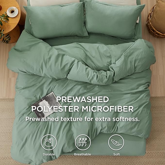 Bedsure Duvet Cover King Size with Fitted Sheet - 4 Pieces Prewashed Cotton-Like Extra Soft Bedding Set, Includes 1 Duvet Cover 104x90 Inches, 2 Pillow Shams, 1 Fitted Sheet, Sage Green