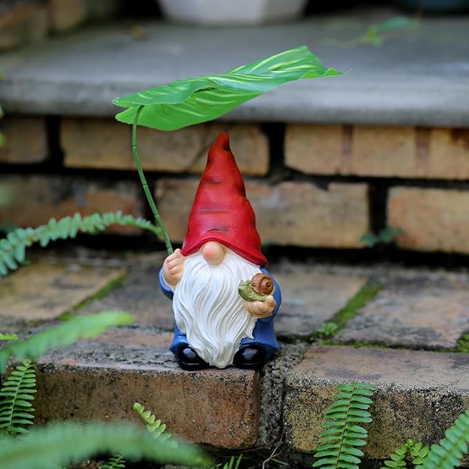 Garden Gnome Statue Decoration with Leaf Umbrella, 7.5” Figurine Ornament for Indoor Outdoor Home Patio Yard Lawn, for Gnome Lovers & Garden Enthusiasts，Mom，Women