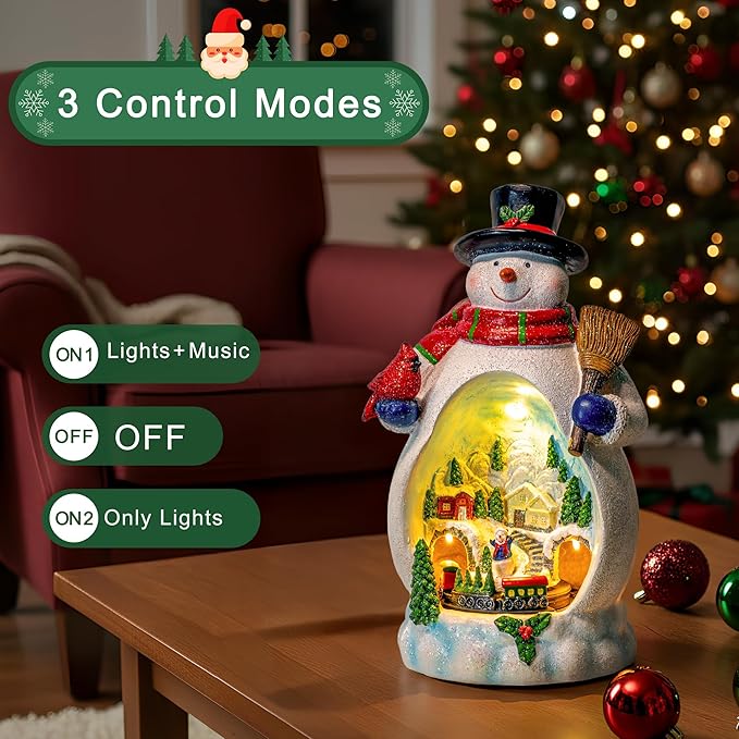 Snowman Figurine Lighted Christmas Village with Animated Rotating Train - Battery or USB Powered Snowman Decor Ornaments, LED Lights & Festive Music for Tabletop Home Holiday Collection Decorations