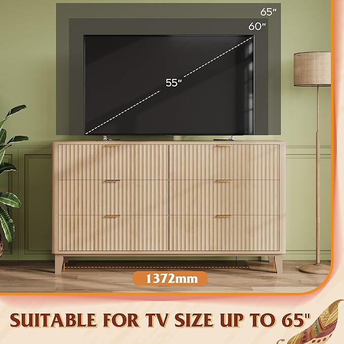 WLIVE Fluted Dresser for Bedroom with 6 Drawers, 54" Wide Wood Dresser with Metal Handles, TV Stand for 65 inch TV, Mid Century Modern Chest of Drawers for Living Room, Hallway, Closet, Natural Oak