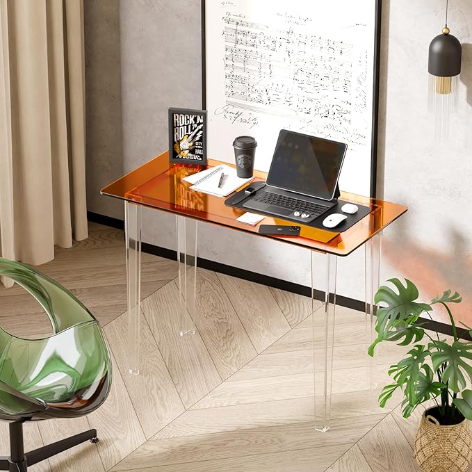 Acrylic Desk, Modern Study Table for Home Office - Extended Surface Multi-Purpose Console & Entryway Table, Sturdy Lightweight Design (42.5-inch, Orange)