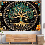 Delur Tree of Life Tapestry Moon Phase Nature Flower Plant Tapestry Wall Hanging Boho Mandala Spiritual Sun Aesthetic Psychedelic Headboard for Bedroom Living Room Home Decor (70.8" x 92.5")