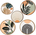 Qunclay 5 Pcs Wall Art Decor Wooden Living Room Wall Decor Bohemian Hanging Farmhouse Geometric 10'' and 8'' Aesthetic Wood Minimalist Posters for Bedroom(Boho, Leaf)