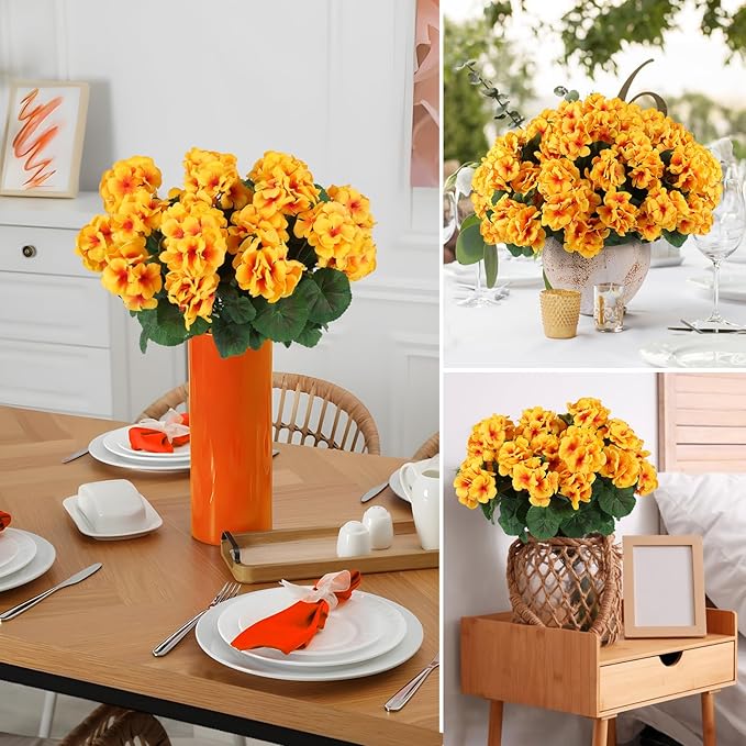 Hananona Artificial Geranium Flowers for Outdoors Geranium Silk Flowers Outdoor UV Resistant Garden Plants Faux Flowers for Home Kitchen Table Centerpieces Decor (12, Yellow)