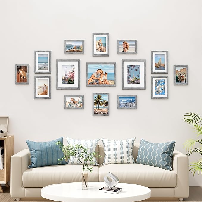Vittanly 15 Pack Picture Frames Collage Wall Decor for Mounting or Tabletop Display, Gallery Frame Set for Family, Multi Sizes Including 3pcs 8x10, 6pcs 5x7, 6pcs 4x6, Grey