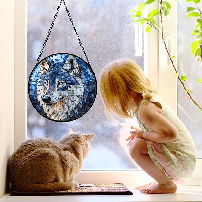 Stained Glass Window Hanging - Funny Wolf Suncatcher Ready to Hang Window Doors Home Decoration and Christmas, Mother's Day Birthday Gifts for Women, Men, and Mom 9.8x9.8 in