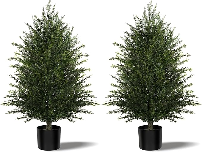 Artificial Topiary Ball Tree, Indoor Realistic Faux Boxwood Bush Potted Plants, Outdoor Fake Shrubs Cedar Evergreen Plants for Home Living Room Front Porch Decor (2, 3ft)