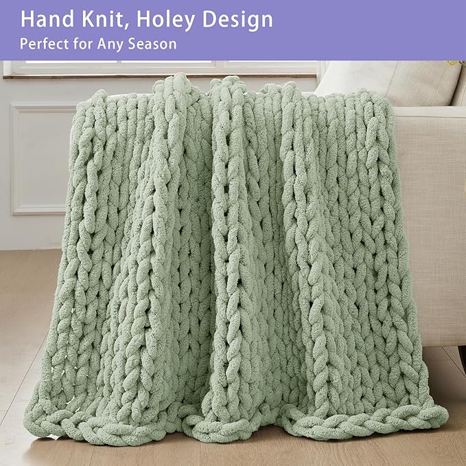 Bigacogo Chunky Knit Throw Blanket for Couch, 40x40 inches, 100% Hand Knitted with Thick Jumbo Chenille Yarn, Cozy Soft Large Rope Knot Cable Crochet Blankets for Sofa Bed Living Room, Sage Green