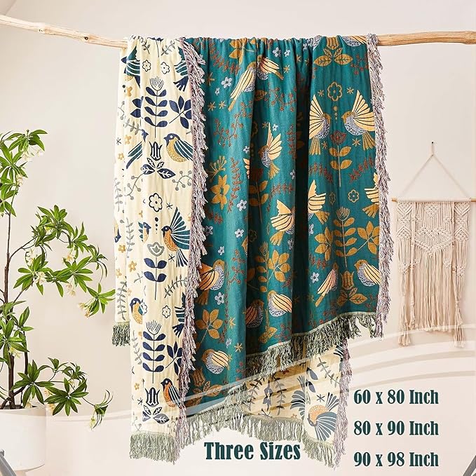 Boho Throw Blanket, 100% Cotton Ultra Soft Luxury Throw Rustic Quilt, 90"x98" Floral Printed Farmhouse Decor Bed Summer Blankets, All Season Rustic Reversible Bohemian Throw for Bed - Blue
