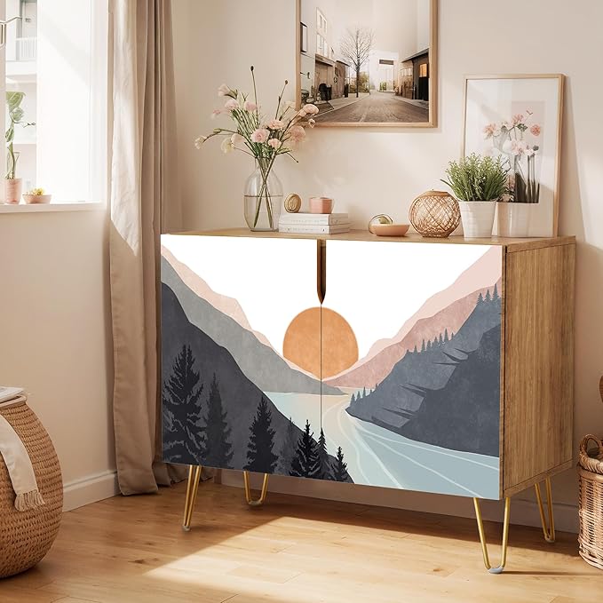 SIGNWIN Sideboard Buffet Cabinet, Kitchen Storage Cabinet with 2 Doors, Sunset Mountain Forest Lake, Cupboard Console Table for Dining Room - 35" L x 18" W x 29" H