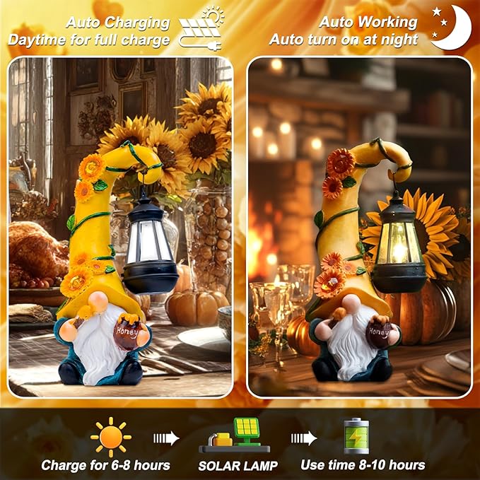 Fall Decorations for Home Porch 12" Solar Fall Gnome Sunflower Garden Statues Honey Bee Jar Decor with LED Lantern Outdoor Gnomes Decorations Patio Yard Balcony Art Birthday Gifts for Mom Grandma