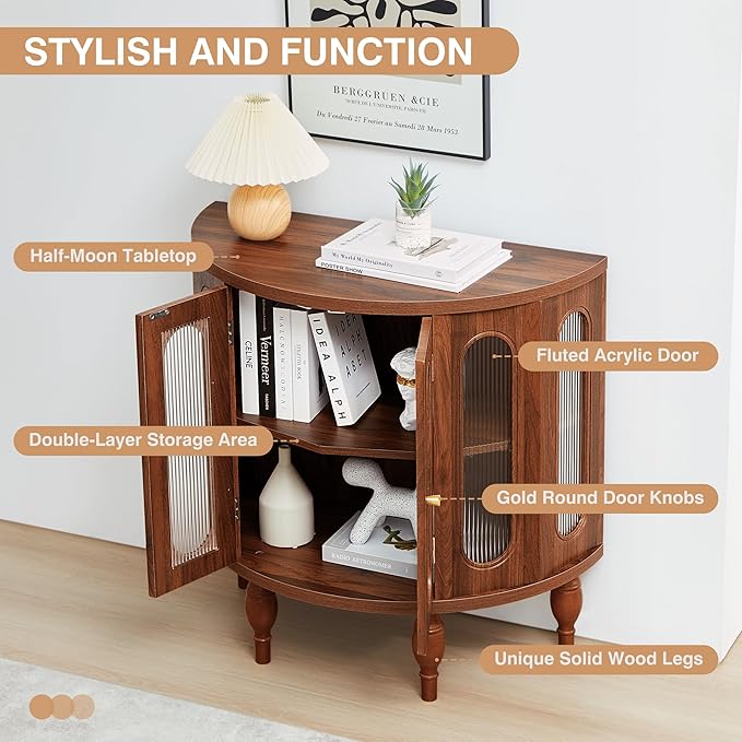 31'' Sideboard Buffer Cabinet with Storage, Semi-Circle Modern Accent Storage Cabinet with Wooden Finish & Acrylic Doors, Console Table for Living Room Entryway Hallway (Walnut)