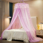 VETHIN Princess Bed Canopy for Girls,Bed Canopy Curtain- Double Layer Sheer Mesh Dome Bed Curtain- Round Lace Princess Mosquito Net Tent with led Stars String Lights(Purple/White)