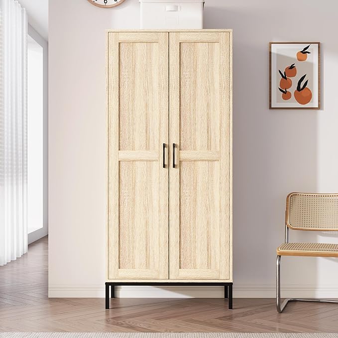 Tall Storage Cabinet, Kitchen Pantry Cabinet with 2 Doors & Adjustable Shelves for Laundry Room, Living Room, Entryway,Bathroom,Natural