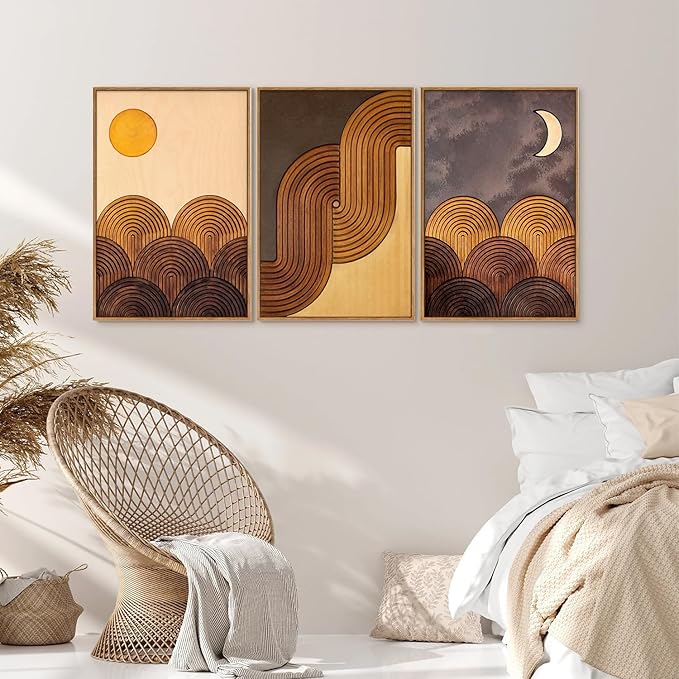 Tinonedraw Mid Century Modern Framed Canvas Wall Art Set, Boho Minimalist Geometric Wall Decor, Bohemian Sun and Moon Art Paintings, Beige Brown Wooden Artwork for Living Room Bedroom Office 24"x36"x3