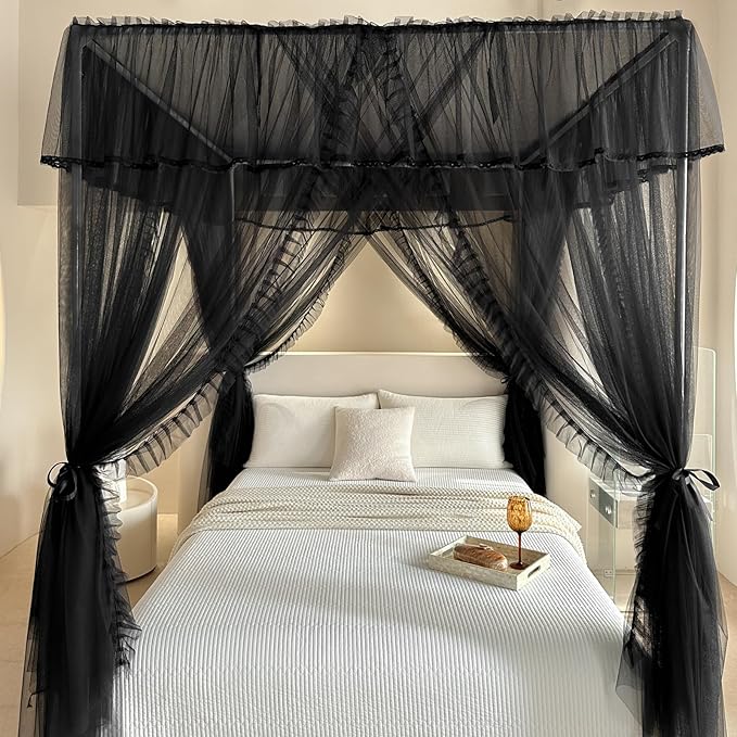 AIKASY 4 Corners Post Ruffle Princess Bed Canopy Curtain - Double Layer Cozy Drape Netting with 4 Openings - Elegant Mosquito Net for Girls and Adults Bedroom Decoration (Black, Queen)