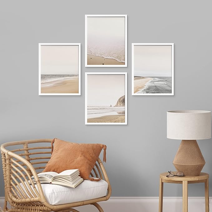 SIGNWIN Framed White Minimalist Ocean Beach Seashore Scenic Wall Art, Set of 4 Landscape Colorful Wall Decor Prints, Nature Wilderness Wall Décor for Living Room, Bedroom - 12"x16" White