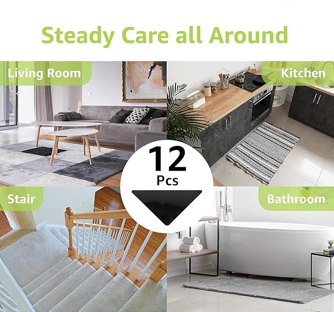 Rabenda 12 Pcs Rug Tape, Non Slip Rug Pads Grippers for Hardwood Floors and Tiles, Reusable Carpet Tape for Area Rugs, Double-Sided Adhesive Rug Stickers Keep Corners Flat (Black)