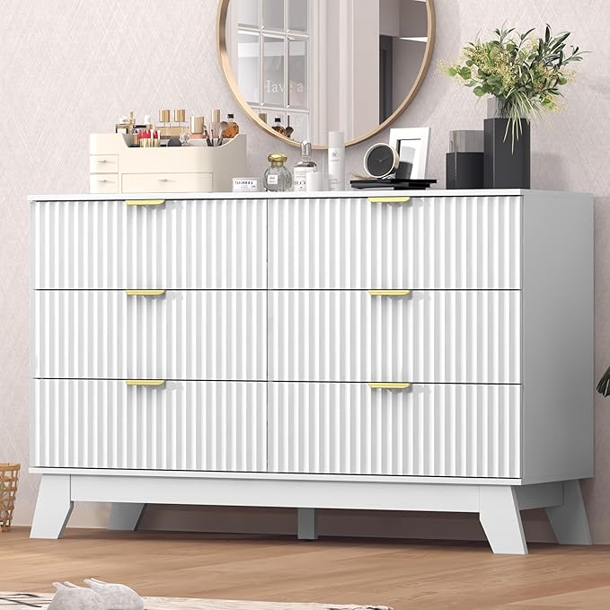 Fluted Dresser for Bedroom,6 Drawer Dresser for Closet,Storage Cabinet and Chest of Drawers with Gold Handle,TV Stand,Storage Organizer for Living Room,Hallway,Entryway,White
