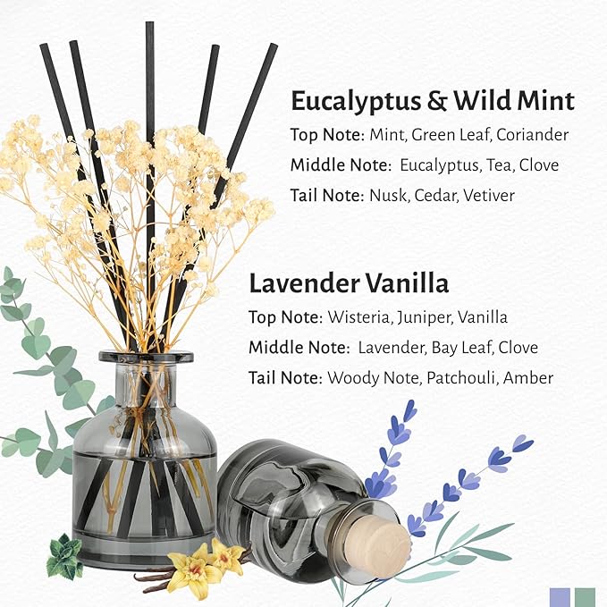 Brakula 2 Pack Reed Diffuser, Eucalyptus & Wild Mint+Lavender Vanilla (3.38 fl oz Each Pack), Home Fragrance with 12 Sticks, Shelf Decor, Reed diffusers for Home