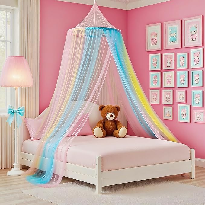 Rainbow Princess Bed Canopy for Girls, Mosquito Net Bed Canopy for Twin/Full/Queen Size Bed, Hanging Bed Net, Bedroom Decor with Hanging Kit, Easy Install Travel Canopy with Storage Bag