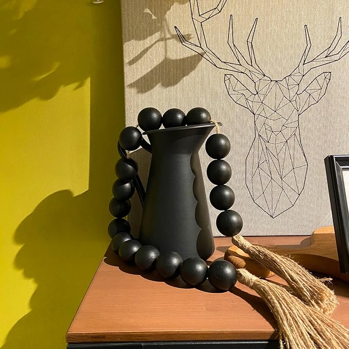 OMISHE Extra Large Wood Bead Garland Black with 1.6" Diameter Wooden Beads and Tassels, 41" Long Rustic Farmhouse Country Decorative Beads for Home Tiered Tray Decor, Black