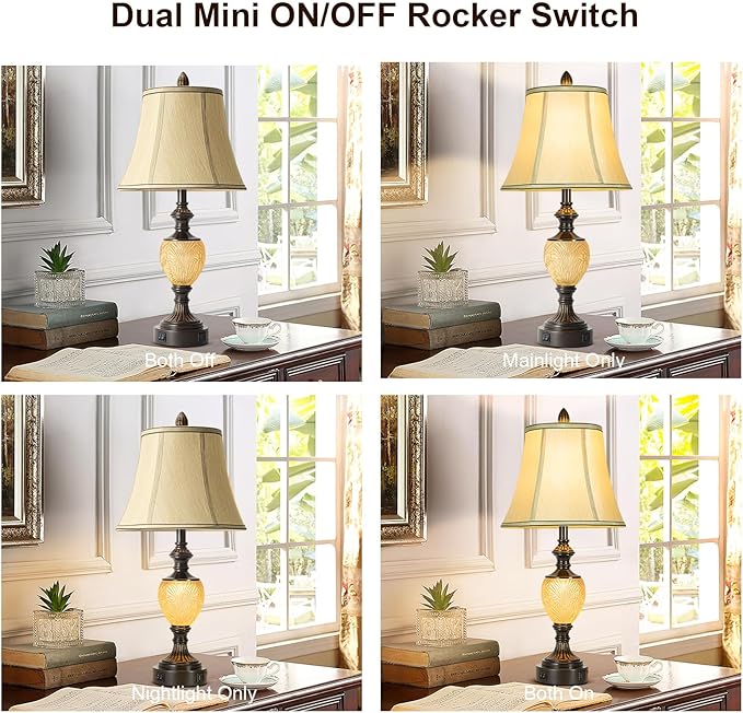 27'' High Vintage Table Lamp Set of 2 for Living Room Farmhouse Bedside Lamp with Fabric Shades Boho Nightstand Lamp with USB and Nightlight for Bedroom Home Office Hotel Bar (Bulb Included)